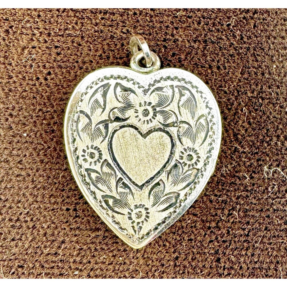 Vintage Webster 925 Sterling Silver Heart Locket Floral Etched Pendant MCM 1"